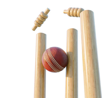 Wooden cricket wickets with dislodging bails on an isolated white background - 3D renderの写真素材