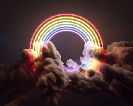A surreal concept of a bright glowing neon rainbow in a fluffy dark cloud on a stellar space...