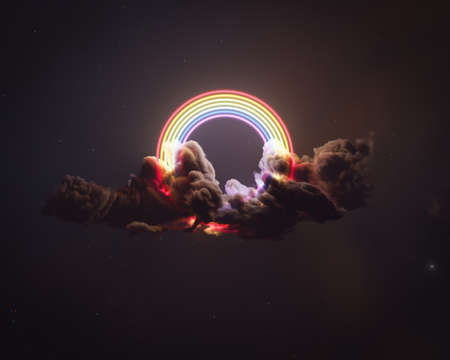 A surreal concept of a bright glowing neon rainbow in a fluffy dark cloud on a stellar space background - 3D renderの写真素材