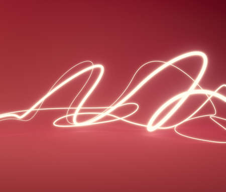 An abstract concept of bright glowing neon light trails on a red stage - 3D renderの写真素材
