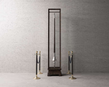 A concept showing an upright medieval lance on display in a wood and glass display cabinet surrounded by barrier rope in a light museum setting  - 3D renderの写真素材