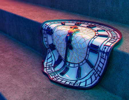 A surreal concept showing an antique tower clock made of a concrete, gold and iron melting and...