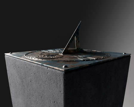 A square cast bronze sundial with roman numerals standing an a monolithic concret base on an...
