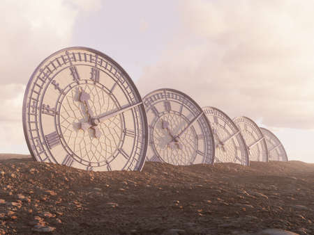 A line of half buried antique clocks made of blue iron with gold trim in a sandy gravel landscape - 3D renderの写真素材