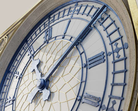 An ornate concept antique tower clock made of a concrete, gold and iron with a white glass backing...