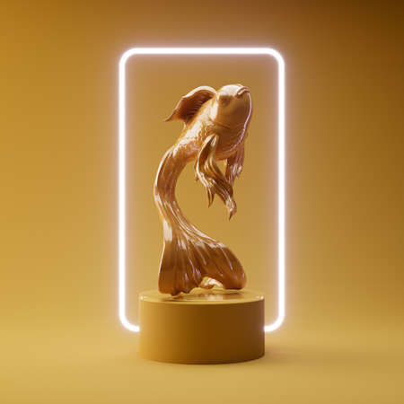 A concept render showing a metal casting of a flowy finned goldfish on a pasel yellow stage lit by a rectangular neon light - 3D renderの写真素材