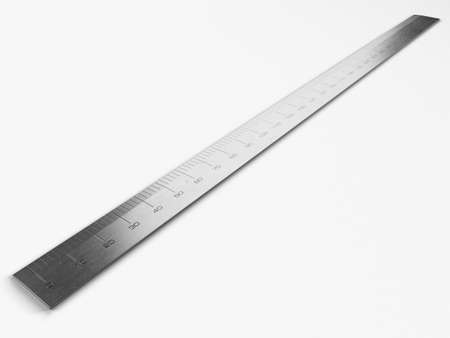 A close up view of a section of a steel ruler with indented measurements on a white studio background - 3D renderの写真素材