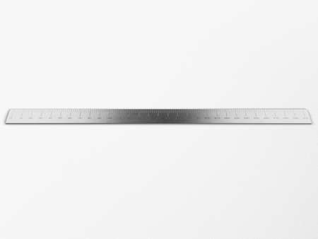 A close up view of a section of a steel ruler with indented measurements on a white studio background - 3D renderの写真素材