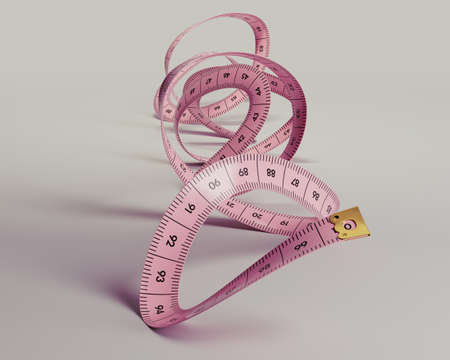A pink curled and twisted up taylors measuring tape with measurements on a light background - 3D...