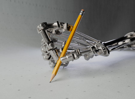 A mechanical robotic metal hand drawing or writing with a pencil on a blank white paper background - 3D renderの写真素材