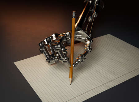 A mechanical robotic metal hand drawing or writing with a pencil on a blank white paper on a dark background - 3D renderの写真素材