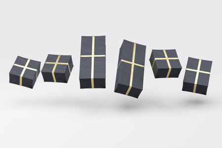 A floating collection of different sized rectangular gift boxes wrapped in black gift wrap paper...