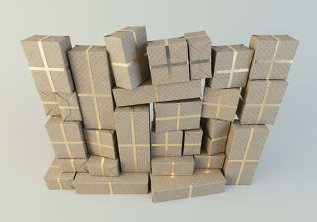 A stacked wall of different sized rectangular gift boxes wrapped in festive gift wrap and a gold...