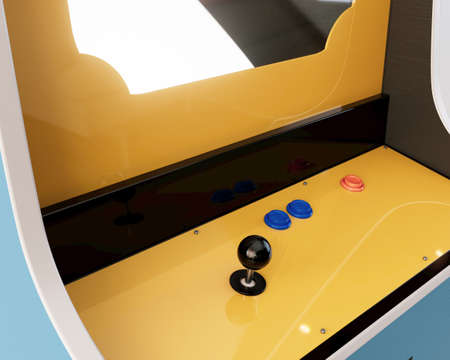 A vintage red unbranded arcade machine with controls and buttons and a blank screen on an isolated...