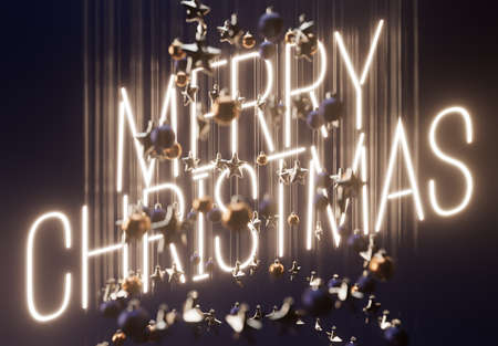 A concept of a collection of hanging christmas decorations making the shape of a tree backlit by a neon sign saying merry christmas - 3D renderの写真素材