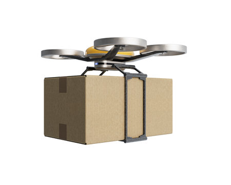 A concept showing a flying delivery drone carrying a box on an isolated white background - 3D renderの写真素材