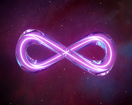 An infinity symbol made up of glass square tubing and a pink neon light on cosmic space background - 3D renderの写真素材