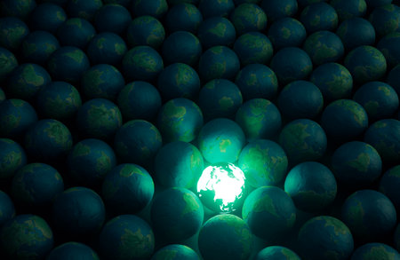 An illuminated neon florescent earth globe amongst a collection of dull earth globes made of rough clay- 3D renderの写真素材