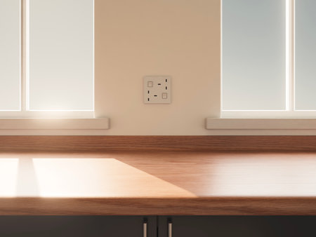 A closeup view of an empty wooden kitchen countertop facing two windows looking outwards in the...