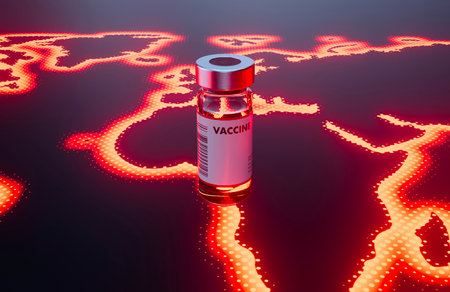 A bottle of a vaccine on a reflective surface with the illuminated red outline of the world map in red - 3D renderの写真素材