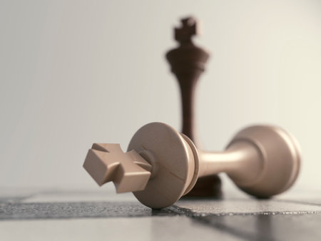 A dark wooden chess king standing over the fallen light wood king on a grungy chess board surface - 3D renderの写真素材