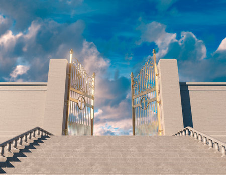 A concept depicting a huge staircase leading up to the open majestic pearly gates of heaven srrounded by a blue sky background - 3D renderの写真素材