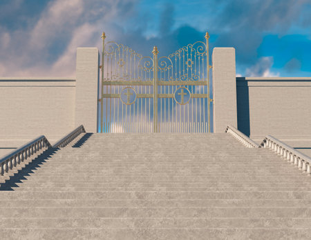 A concept depicting a huge staircase leading up to the closed majestic pearly gates of heaven srrounded by a blue sky background - 3D renderの写真素材