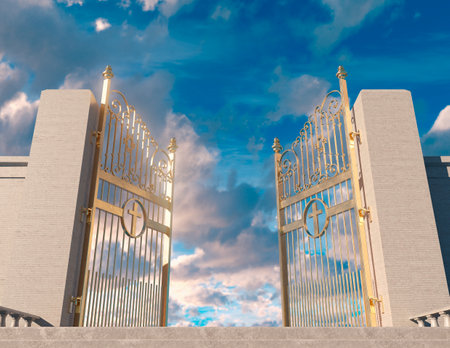 A concept depicting a huge staircase leading up to the open majestic pearly gates of heaven srrounded by a blue sky background - 3D renderの写真素材