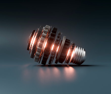 A lightbulb concept made from metal cogwheels and a central neon illuminated lgiht symbolising imagination on a dark dramatic background - 3D renderの写真素材