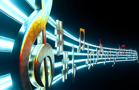 A wavy line of music made of gold metallic music symbols and notes and glowing neon octave lines - 3D renderの写真素材