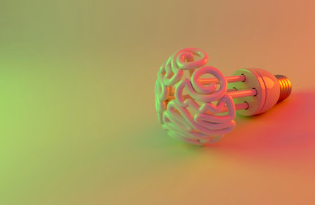 An unlit fluorescent light bulb in the shape of a stylized brain on an isolated colorful candy studio background - 3D renderの写真素材