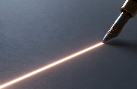 A closeup view of an ornate fountain pen drawing a straight illuminated neon line on a textured paper surface - 3D renderの写真素材
