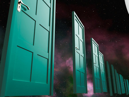 A line of green doors floating on a galaxy nebula space background  - 3D renderの写真素材