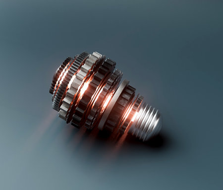A lightbulb concept made from metal cogwheels and a central neon illuminated lgiht symbolising imagination on a dark dramatic background - 3D renderの写真素材