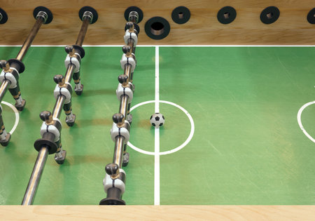 One side of a vintage foosball or table football table with worn metal figures styled in kit resembling the Germany national team - 3D renderの写真素材