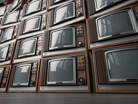 A stacked wall of old vintage tube televisions with wood trim and chrome dials and knobs - 3D renderの写真素材