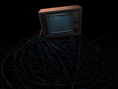 A vintage 80's television perched on a jumbled pile of black cables on a dark omnious background - 3D renderの写真素材
