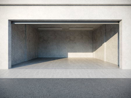 The interior of an empty double garage made out of concrete in the day time - 3D renderの写真素材