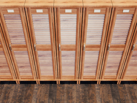 A row of vintage wooden louvered door lockers - 3D renderの写真素材