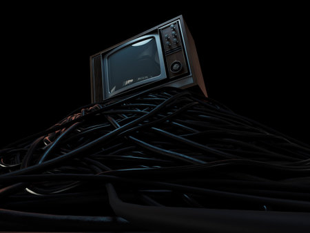 A vintage 80's television perched on a jumbled pile of black cables on a dark omnious background - 3D renderの写真素材