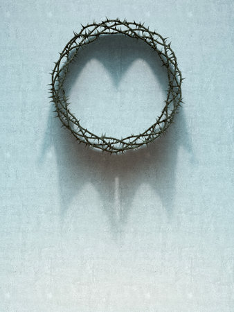 An ambiguity concept of branches of thorns woven into a crucifixion crown and casting a shadow of a real kings crown on isolated white background - 3D renderの写真素材