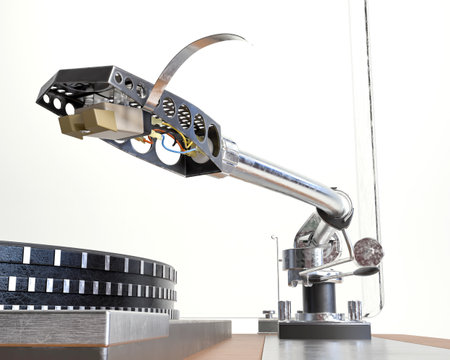 A 3D render of a turntable record player with a tone arm on a white studio background - 3D render