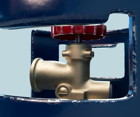 A generic metal gas cylinder with a bronze valve on an isolated white background - 3D renderの写真素材