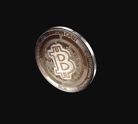 A dimly lit physical bitcoin cash cryptocurrency in bronze and silver coin form on a dark studio background- 3D renderの写真素材
