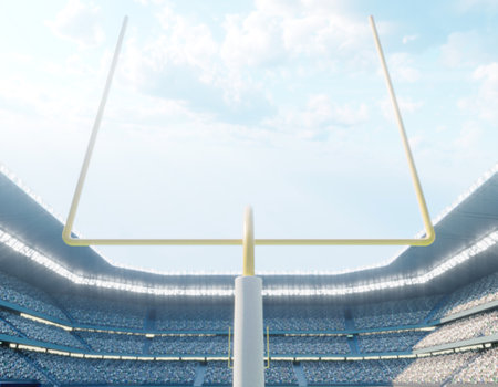 An American football stadium with posts on a marked green grass pitch in the daytime - 3D renderの写真素材