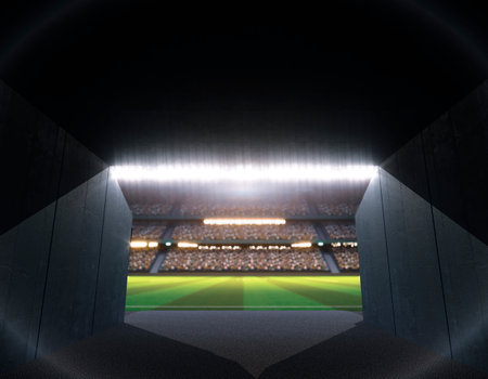 The entrance way to a stadium with a grass pitch in the night time - 3D renderの写真素材