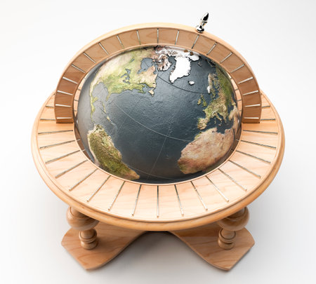A wooden world globe ornament with silver detail on an isolated white background - 3D renderの写真素材