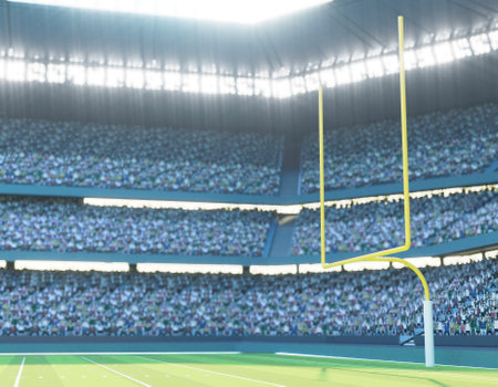 An American football stadium with posts on a marked green grass pitch in the daytime - 3D renderの写真素材