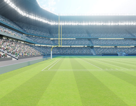An American football stadium with posts on a marked green grass pitch in the daytime - 3D renderの写真素材