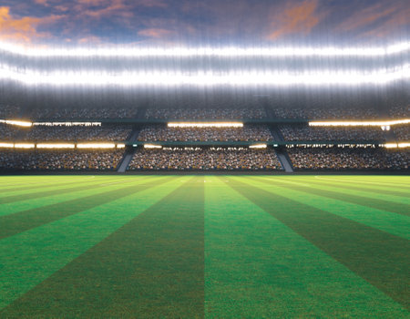 An aussie rules stadium with posts on a marked green grass pitch at night under illuminated floodlights - 3D renderの写真素材